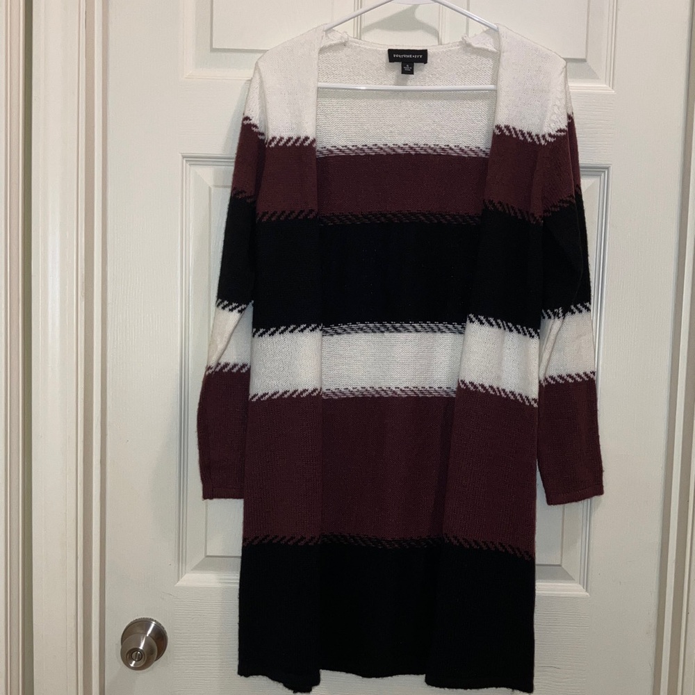 Fortune + Ivy Burgundy Black White Striped Open Front Cardigan Oversized Fall
